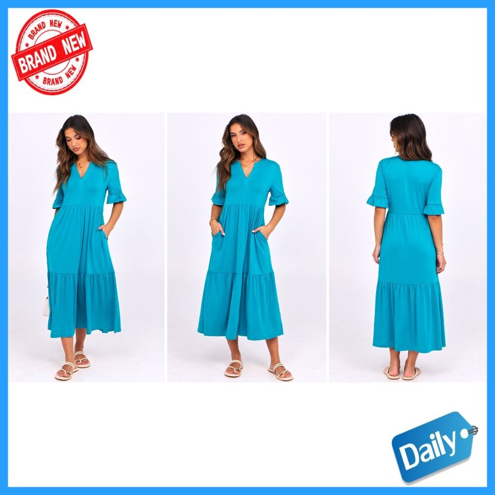 Summer Maxi Dress Ruffle Sleeve V-Neck Flowy Tiered Boho Casual Beach - Picture 7 of 7